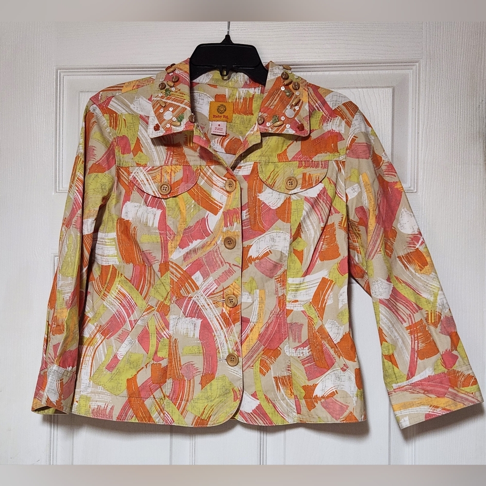 Ruby Rd Women's Jacket 8 Tan Pink Button Up 3/4 Sleeves Beaded